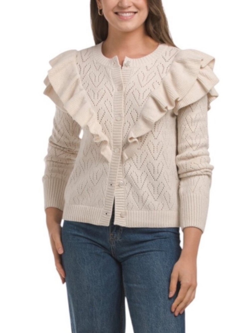 Bagatelle Ruffle Cream Pointelle Knit Sweater